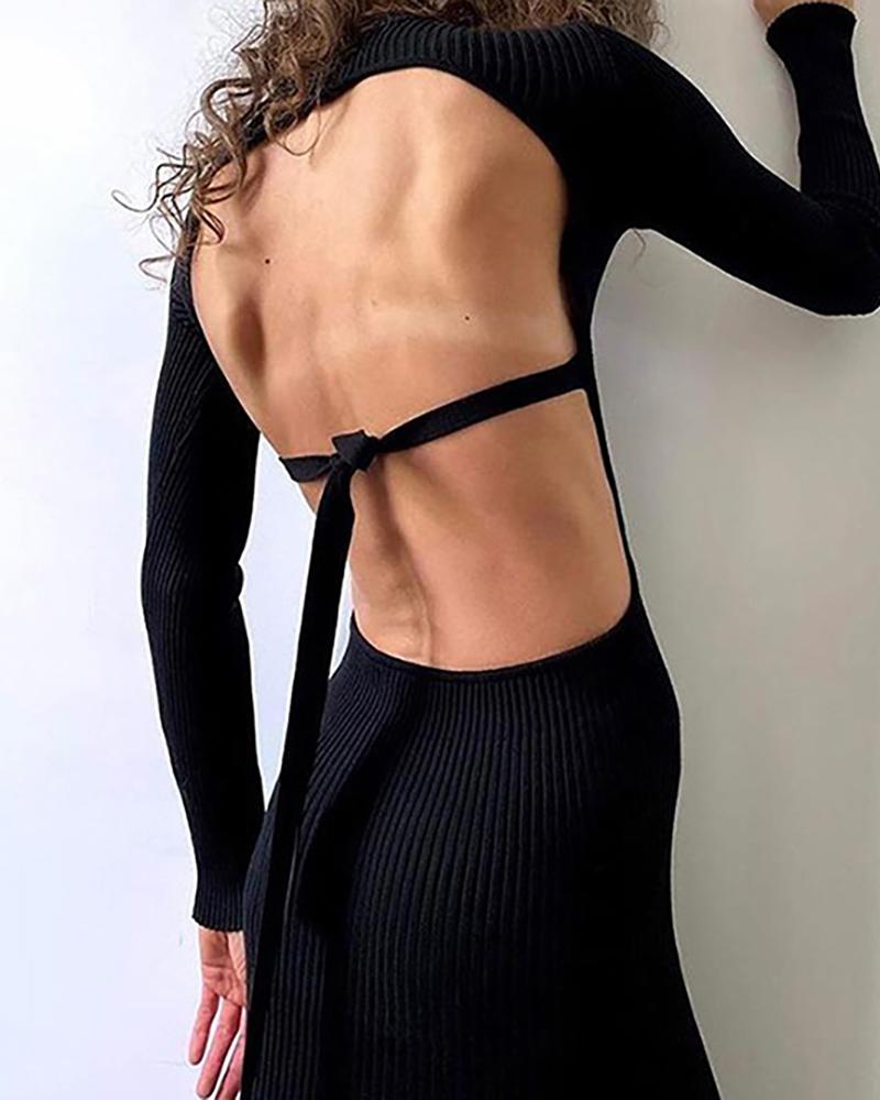 

Plain Ribbed Backless Maxi Dress, Black