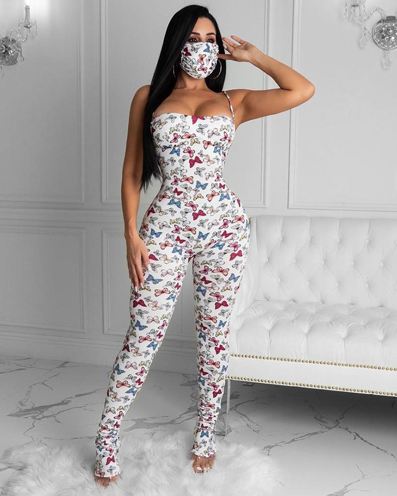 

Butterfly Print Spaghetti Strap Jumpsuit With Face Bandana, White