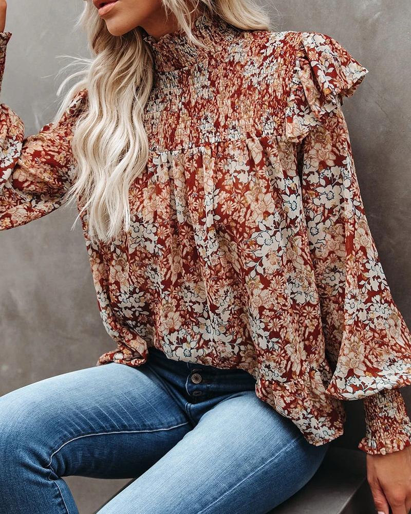 

Floral Print Long Sleeve Ruched Blouse, Multicolor