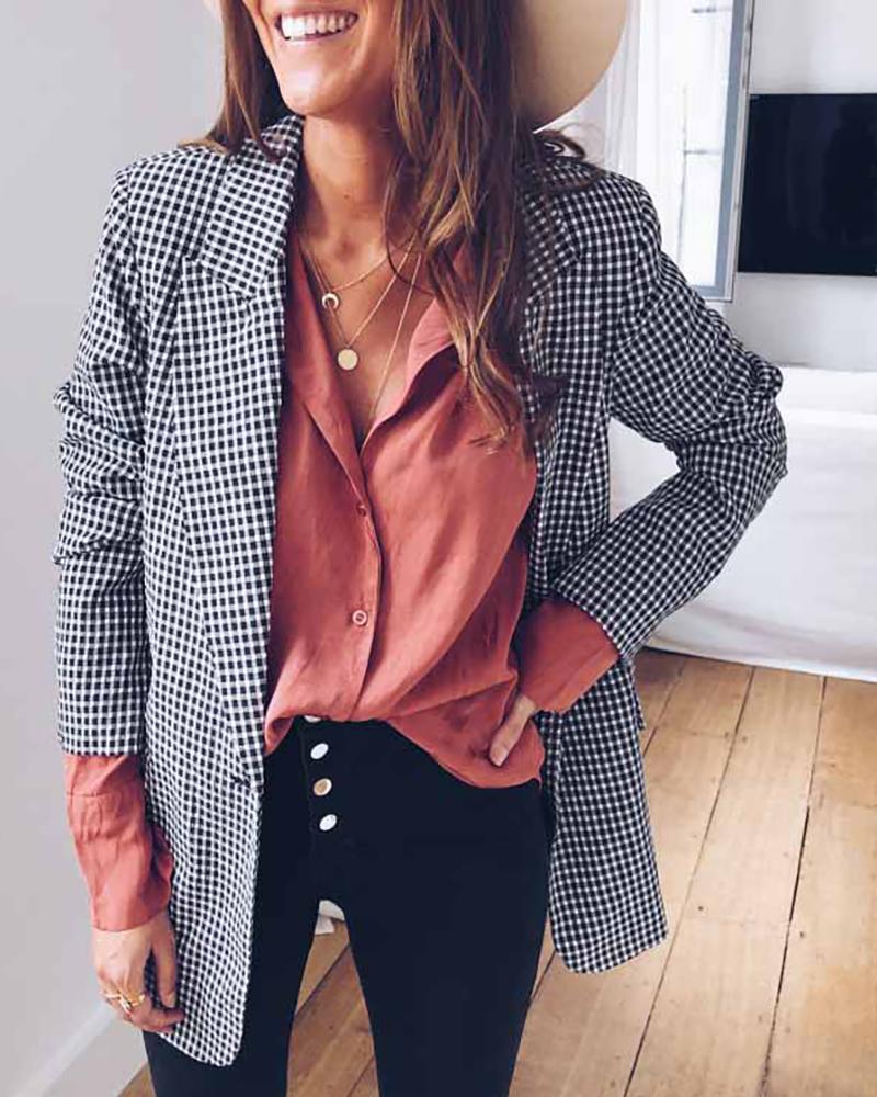 

Notched Collar Plaid Long Sleeve Blazer, Black