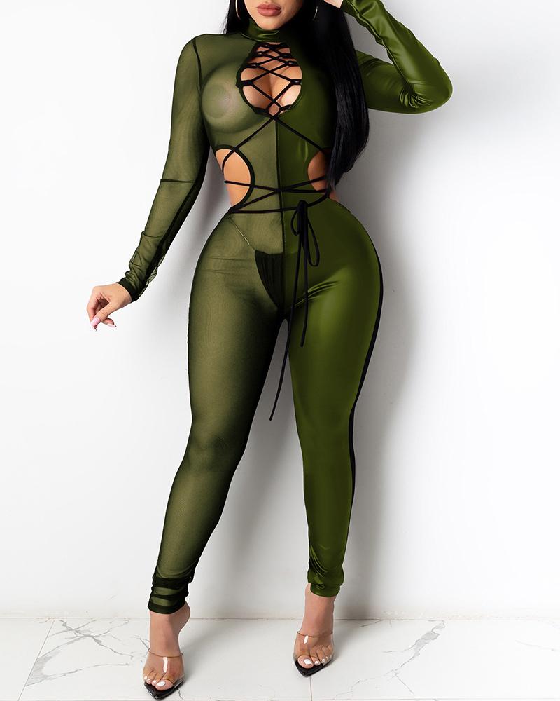 

Sheer Mesh Cutout PU Leather Skinny Jumpsuit, Green