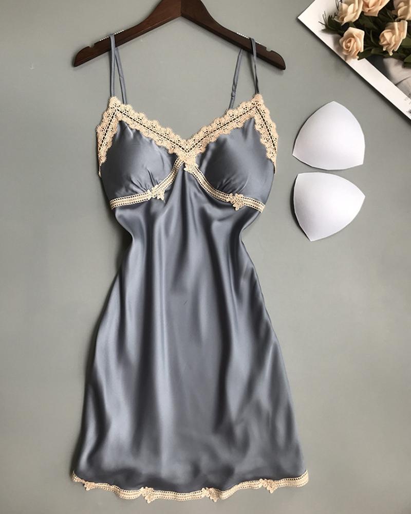 

Lace Trim Satin Padded Babydoll, Gray