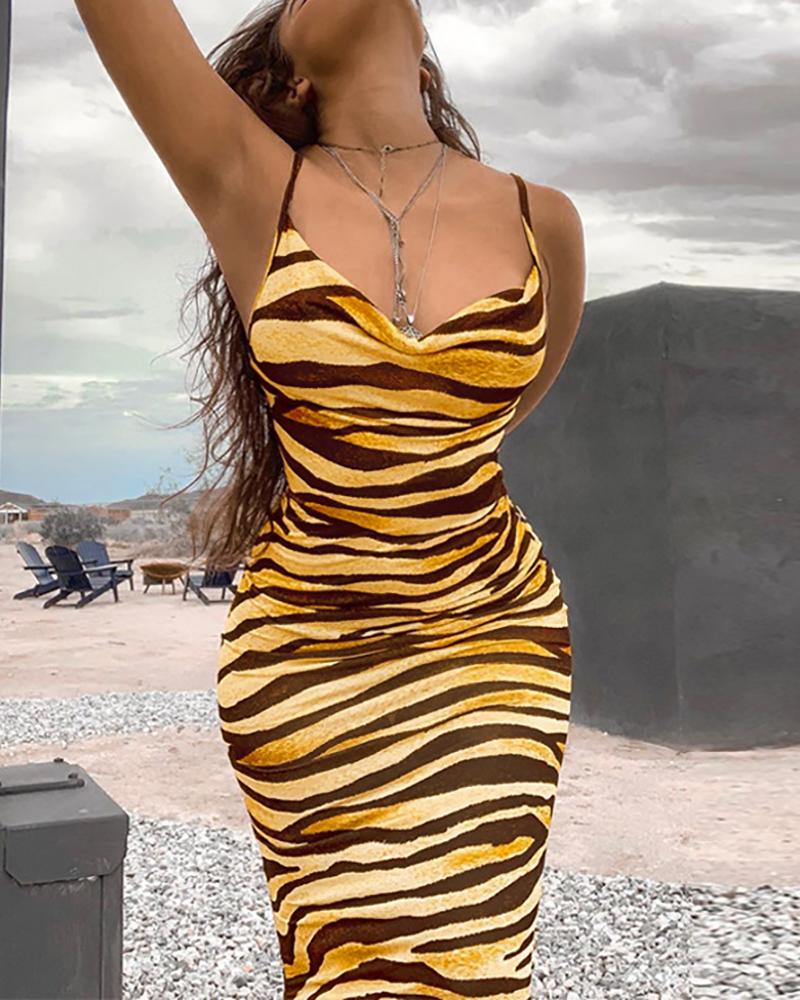 

Tiger Striped Spaghetti Strap Backless Dress, Yellow
