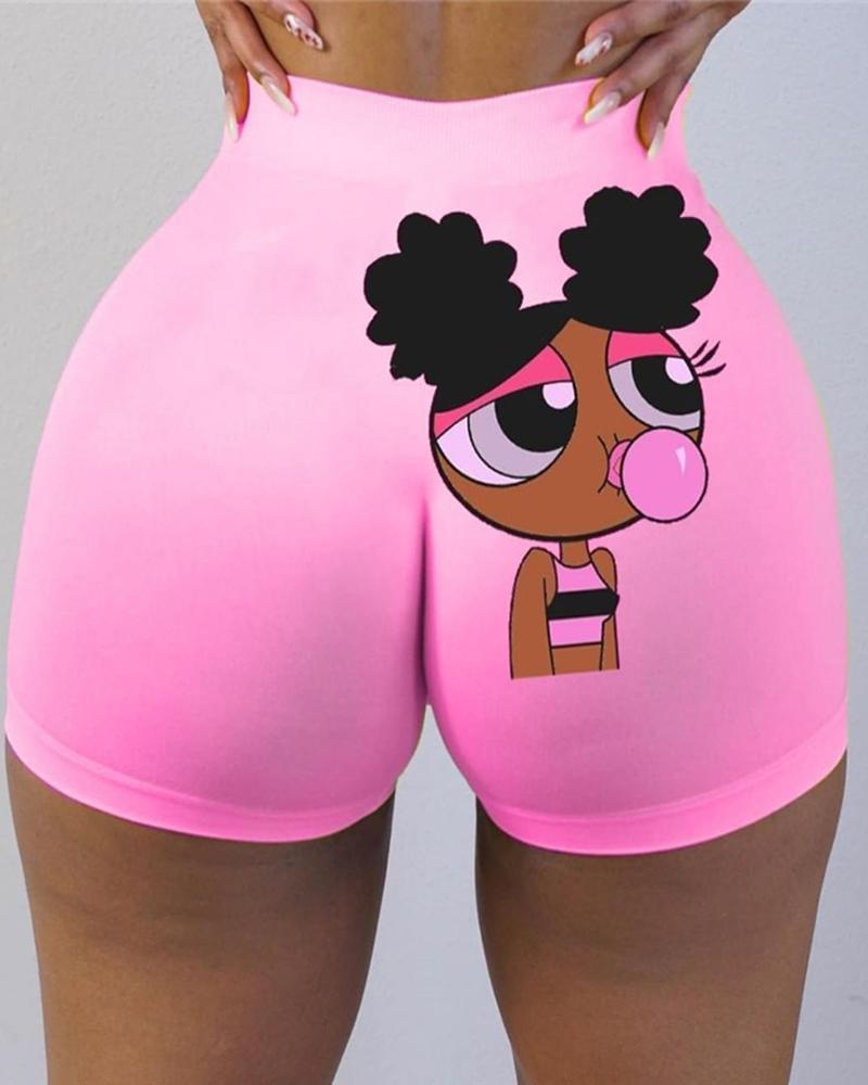 

Cartoon Print High Waist Fitted Shorts, Pink