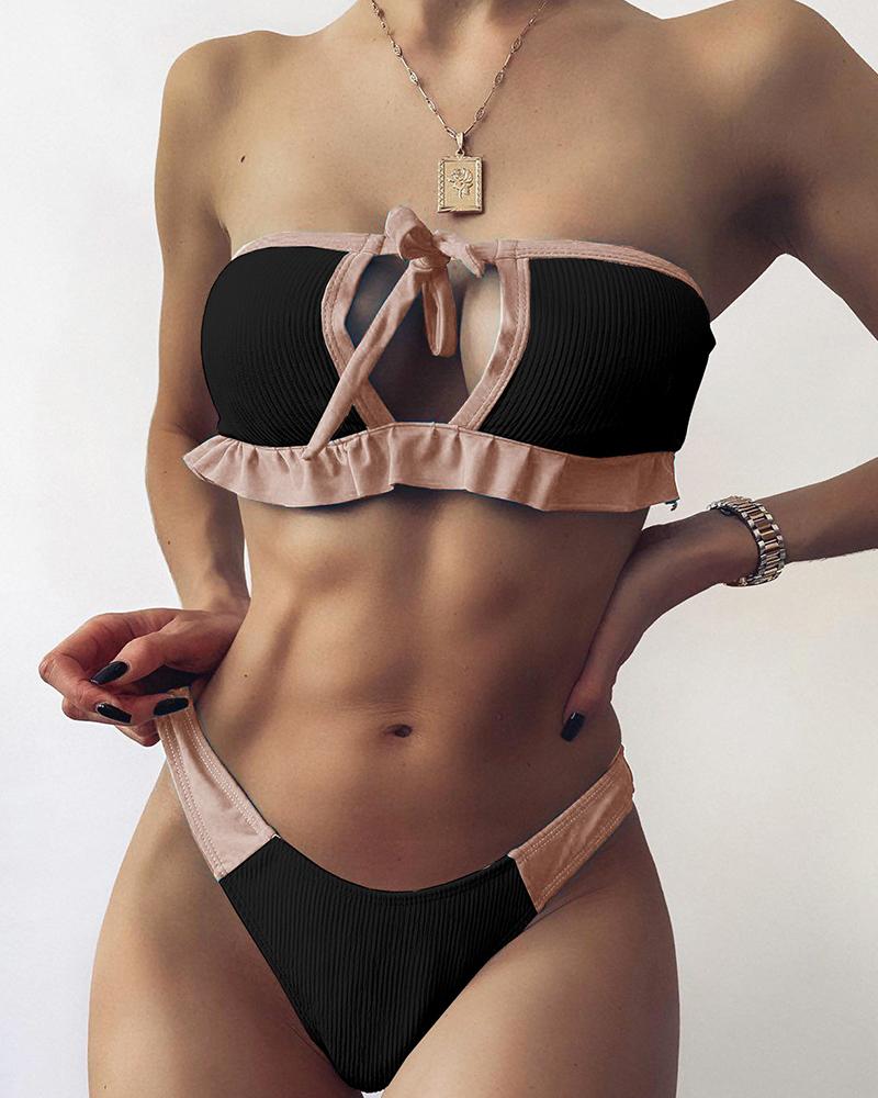

Ruffles Patchwork Strappy Cut-out Tube With Panties Bikini Sets, Black