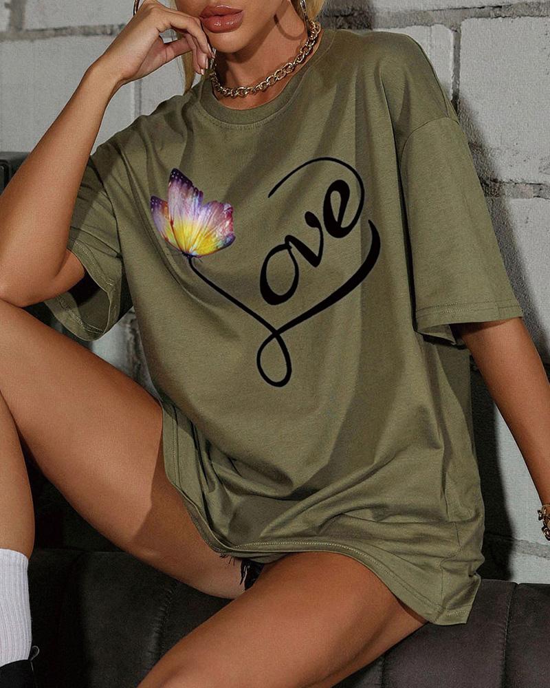 

Butterfly & Love Print Short Sleeve T-shirts, Green