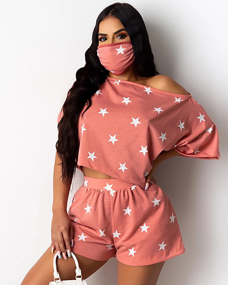 

Star Print Casual Top With Face Bandana & Shorts Set, Pink