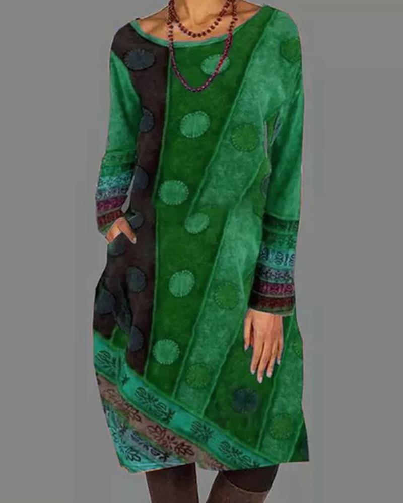 

Plus Size Colorblock Pocket Design Long Sleeve Dress, Green