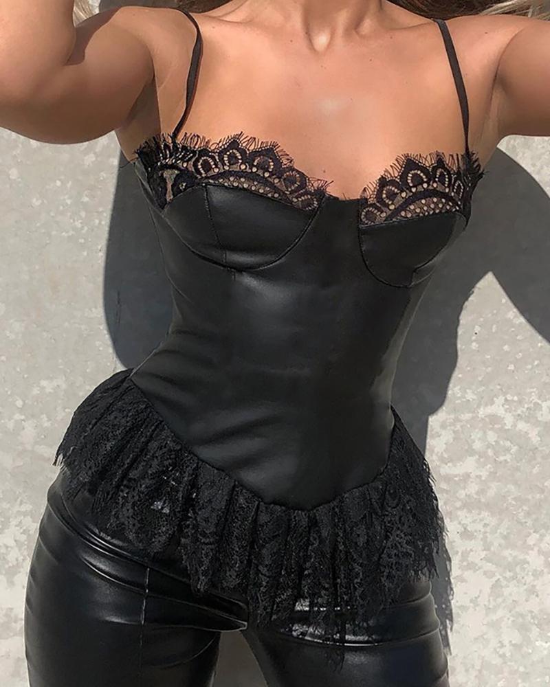 

Spaghetti Strap Eyelash Lace PU Leather Top, Black