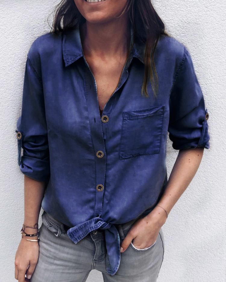 

Roll-up Sleeve Button Knotted Denim Shirt, Dark blue