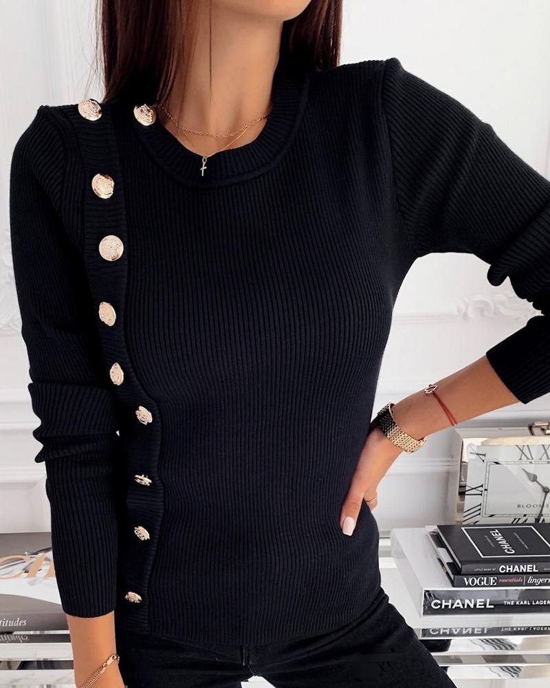 

Round Neck Ribbed Long Sleeve Buttoned Casual Women Blouse, Black