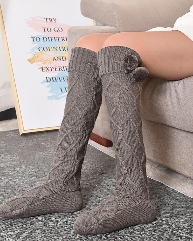 

Pom Pom Braided Knee Length Socks, Dark grey