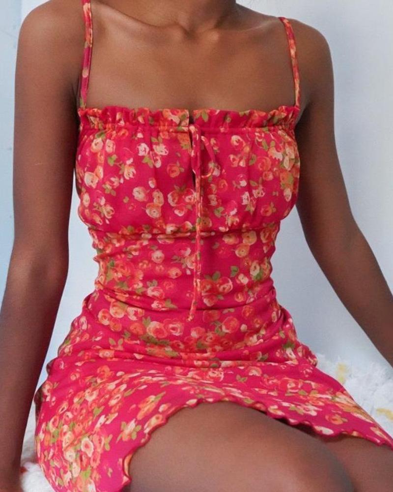 

Floral Print Ruffle Trim Cami Dress, Red