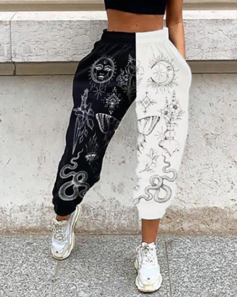 

Graphic Print Colorblock Pocket Design Pants, Black