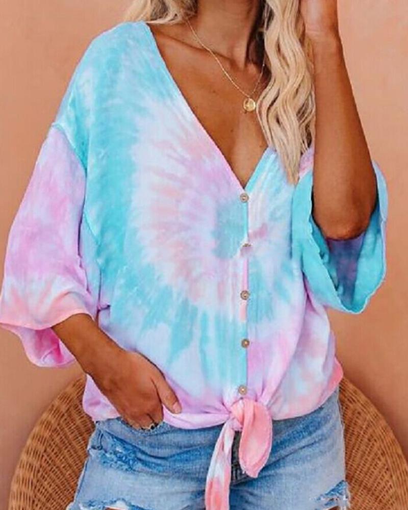 

Tie Dye Print Half Sleeve Button Women Blouse, Blue