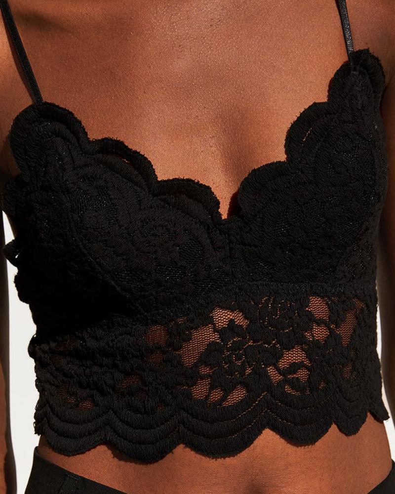 

V Neck Crochet Lace Scallop Trim Cami Top, Black