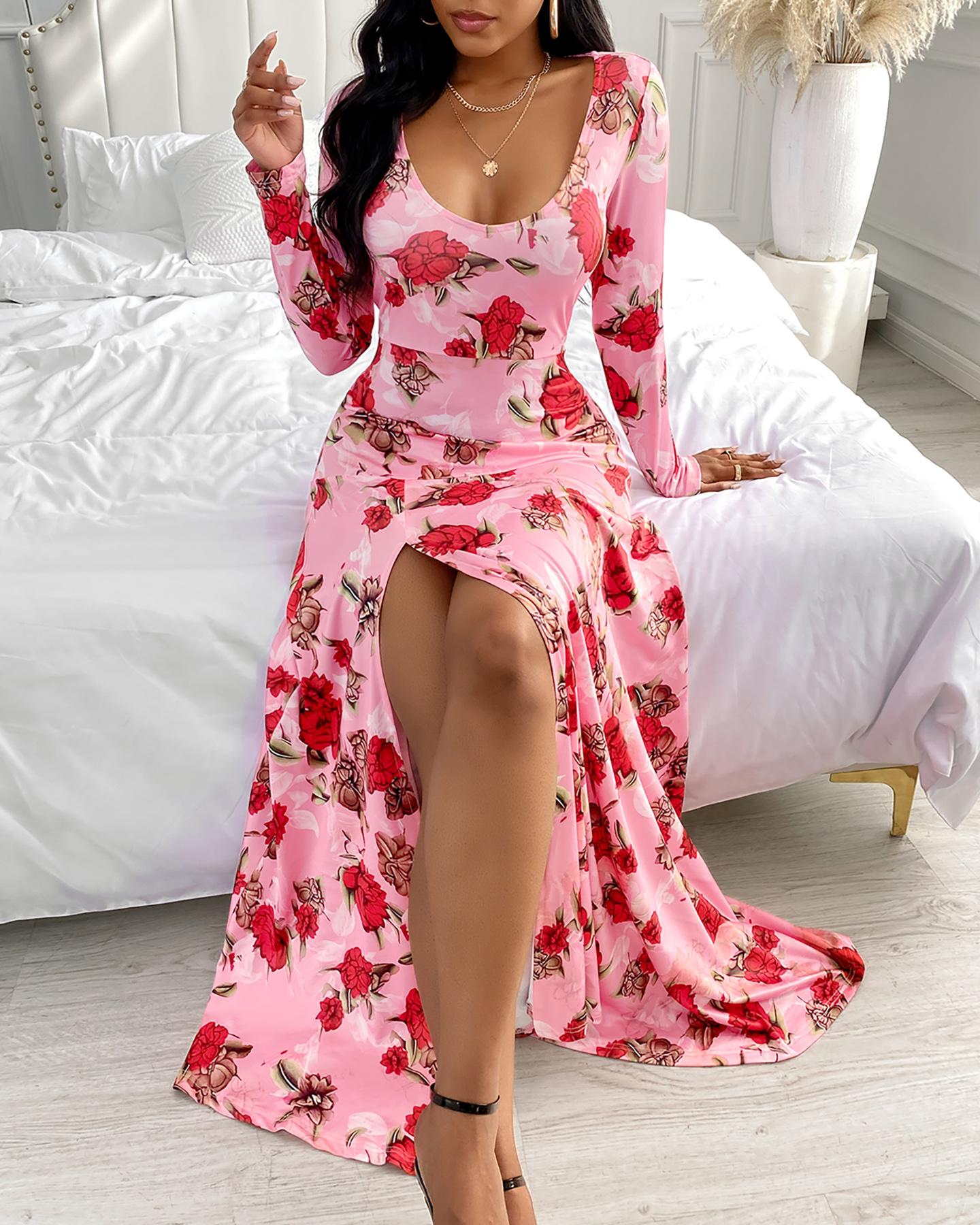 

Floral Print High Slit Maxi Dress, Pink