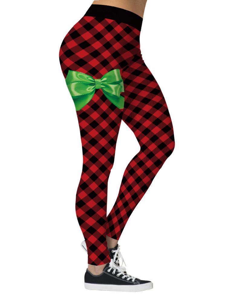 

Plaid Bowknot High Waist Skinny Pants, Red