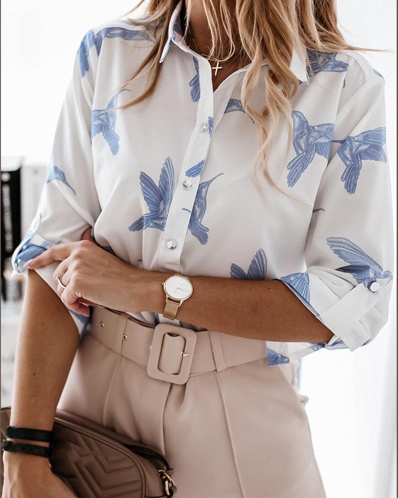 

Button Design Bird Print Casual Shirt, White