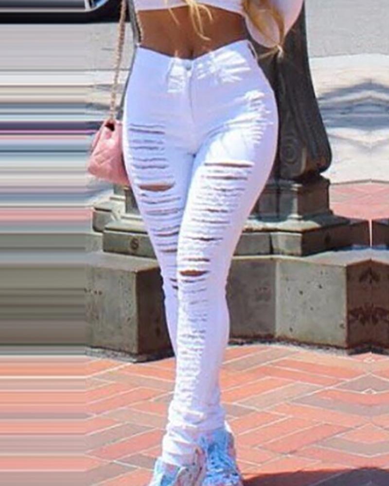 

Ladder Cutout Ripped High Waist Denim Pants, White