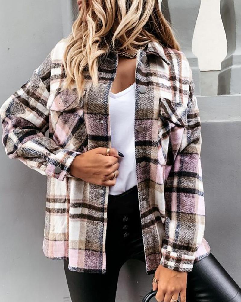 

Button Pocket Design Long Sleeve Plaid Shirt Coat, Pink
