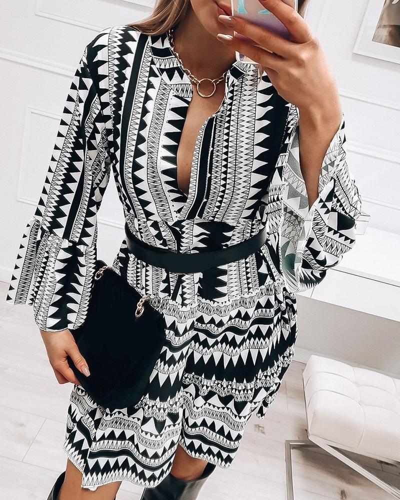 

All Over Print Flared Sleeve Dress, Black
