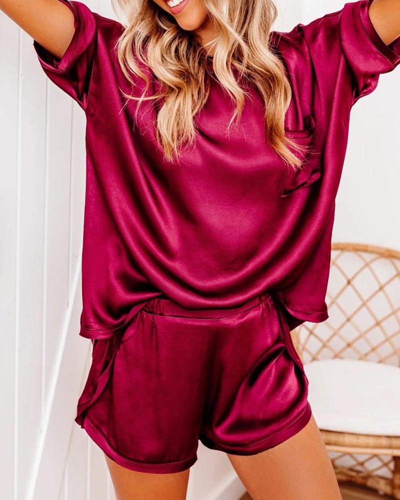 

Plain Pocket Design Top & Shorts Set, Red