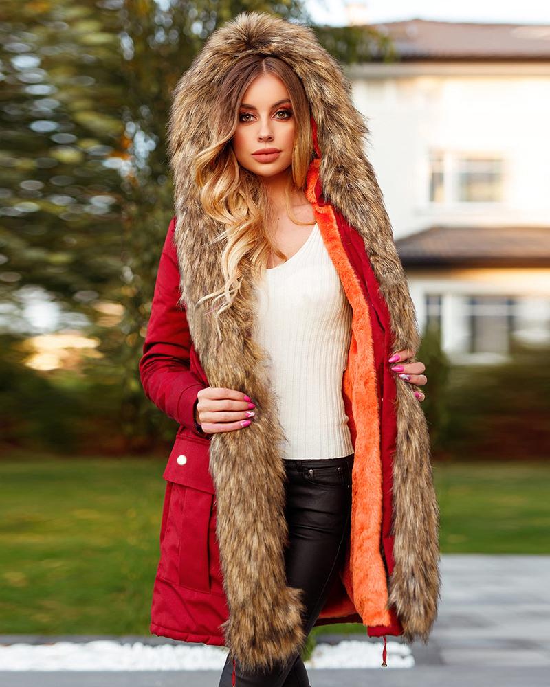 

Pocket Design Drawstring Waist Faux Fur Hooded Parka Coat, Red