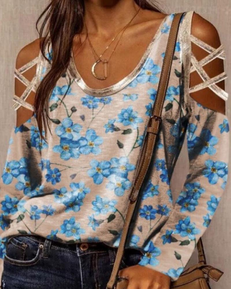 

Floral Print Hollow-out Long Sleeve Blouse, Khaki