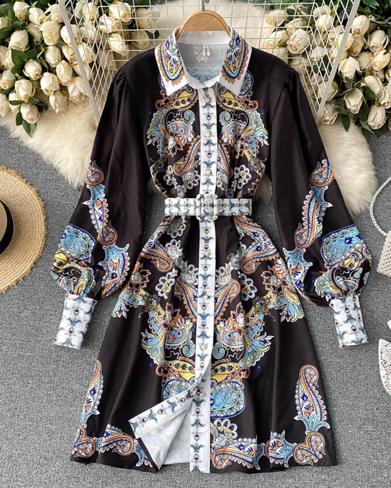 

Paisley Print Lantern Sleeve Beaded Casual Dress, Black