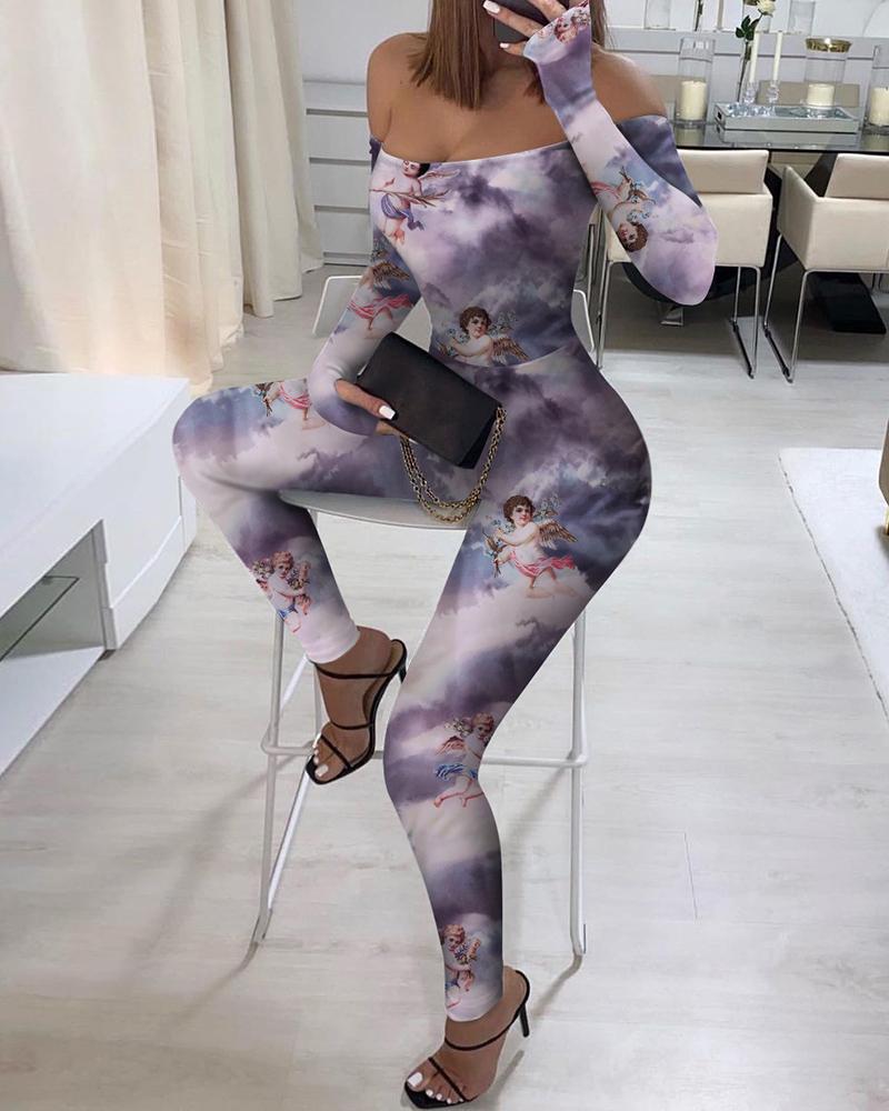 

Off Shoulder Angle Tie Dye Print Jumpsuit, Multicolor