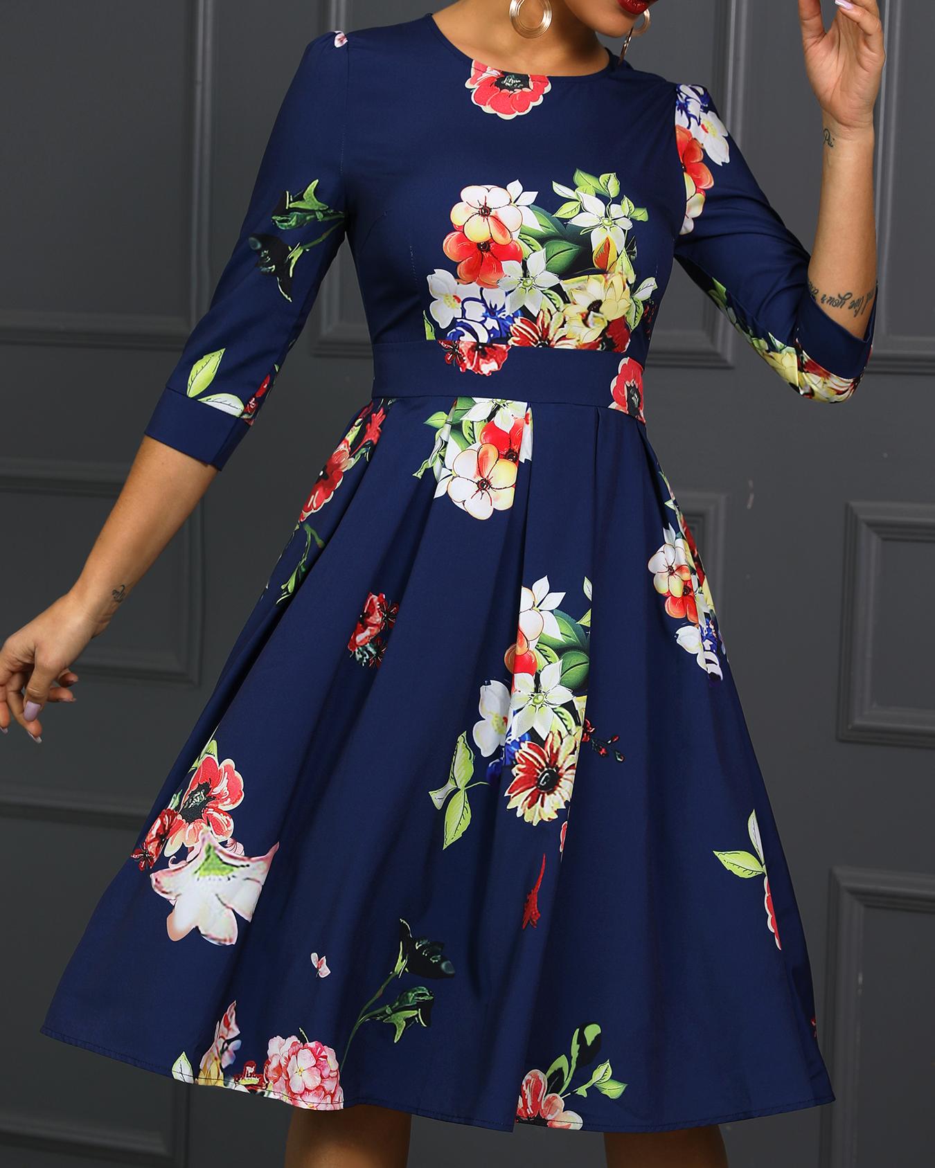Round Neck Floral Print Ruched Dress