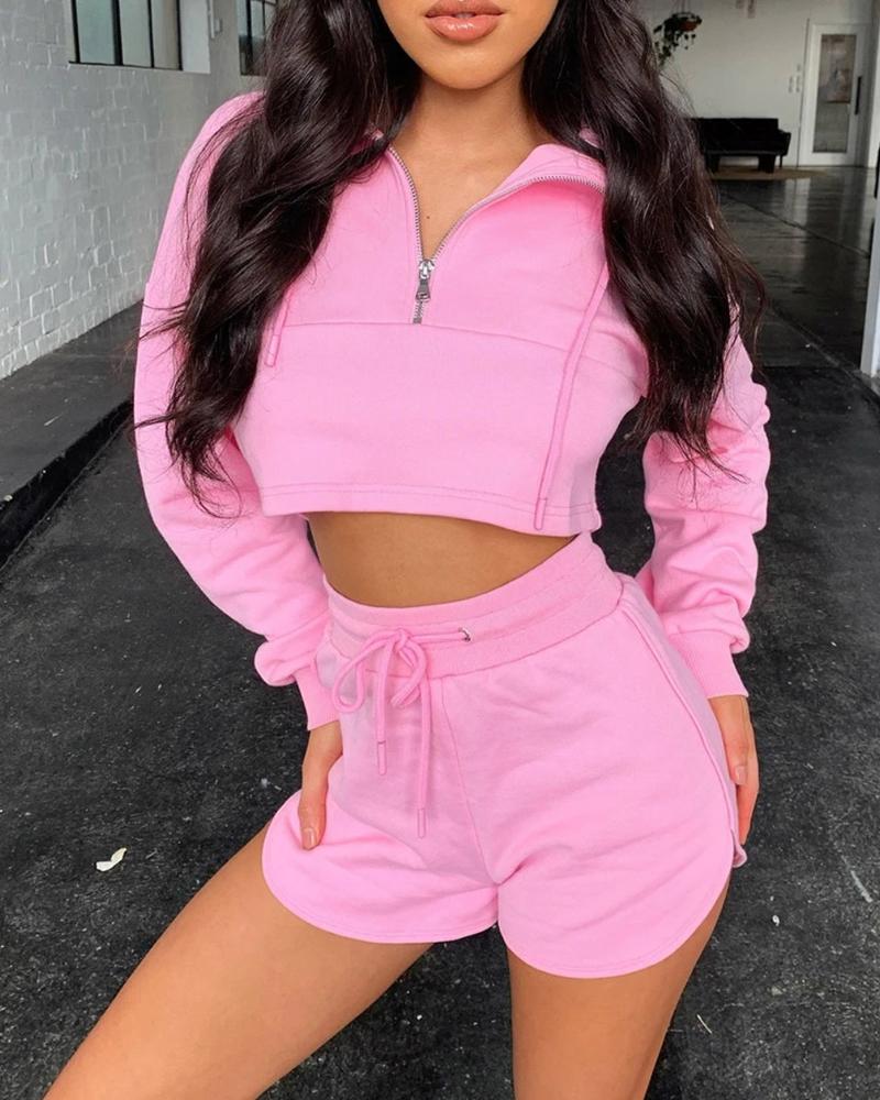 

Long Sleeve Zipper Design Top & Drawstring Shorts Set, Pink