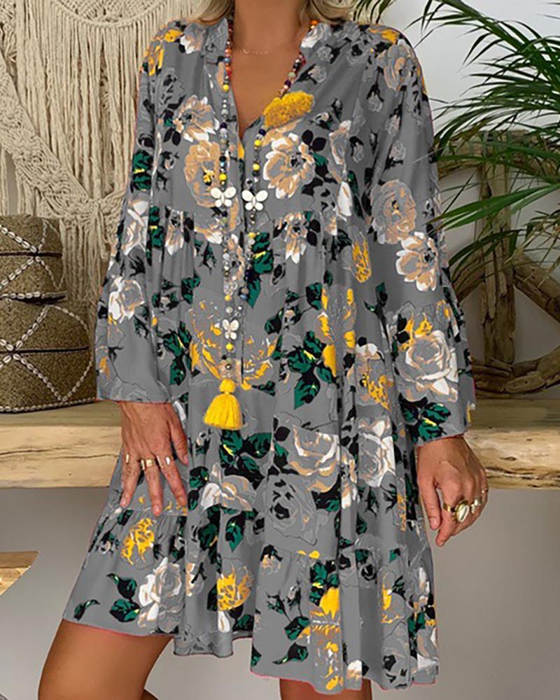 

Floral Cartoon Print Buttoned Ruffles Dress, Gray