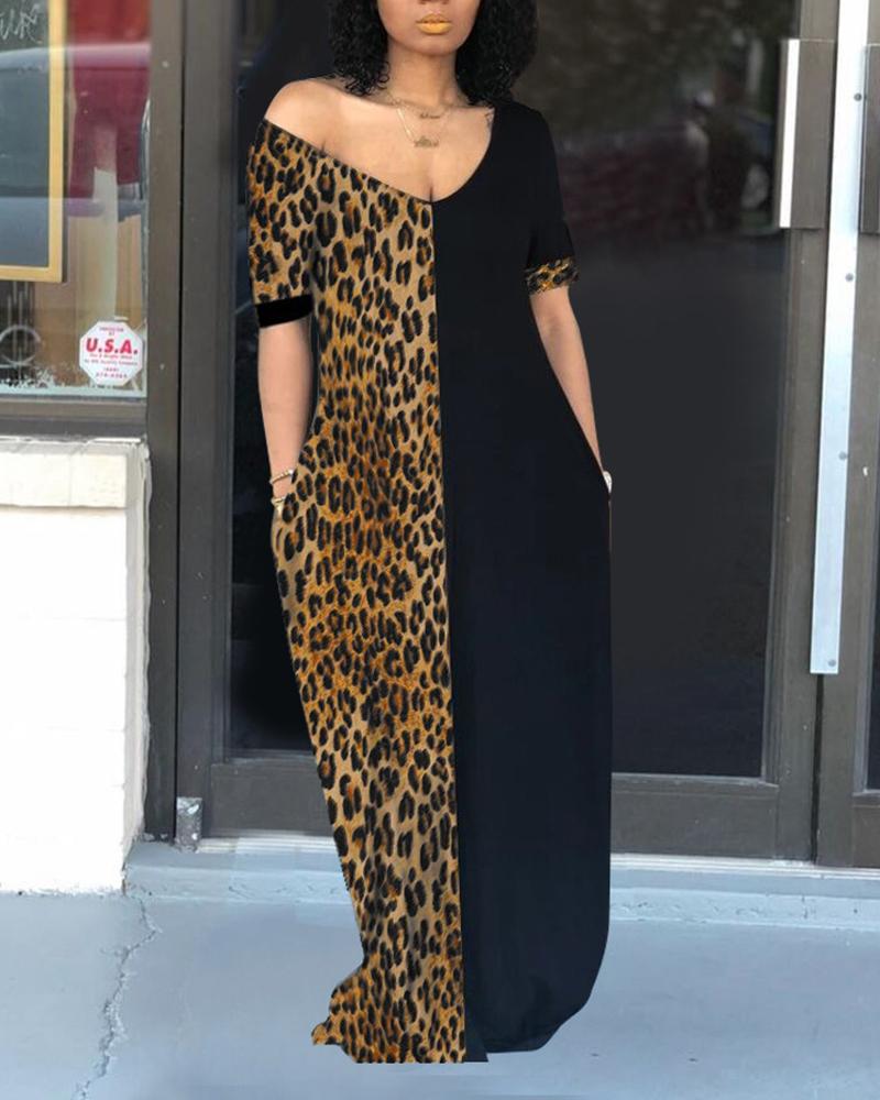 

Leopard Print Colorblock V-neck Casual Dress