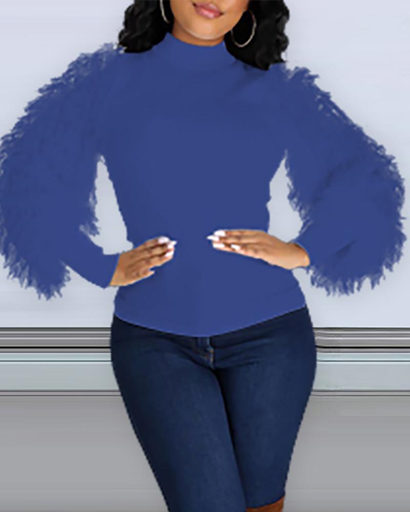 

Mock Neck Fluffy Long Sleeve Sweater, Blue