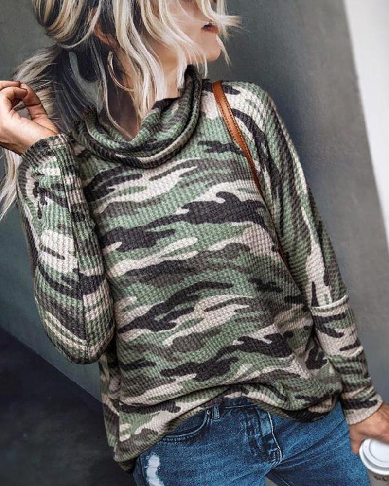 

High Neck Camo Print Top, Green