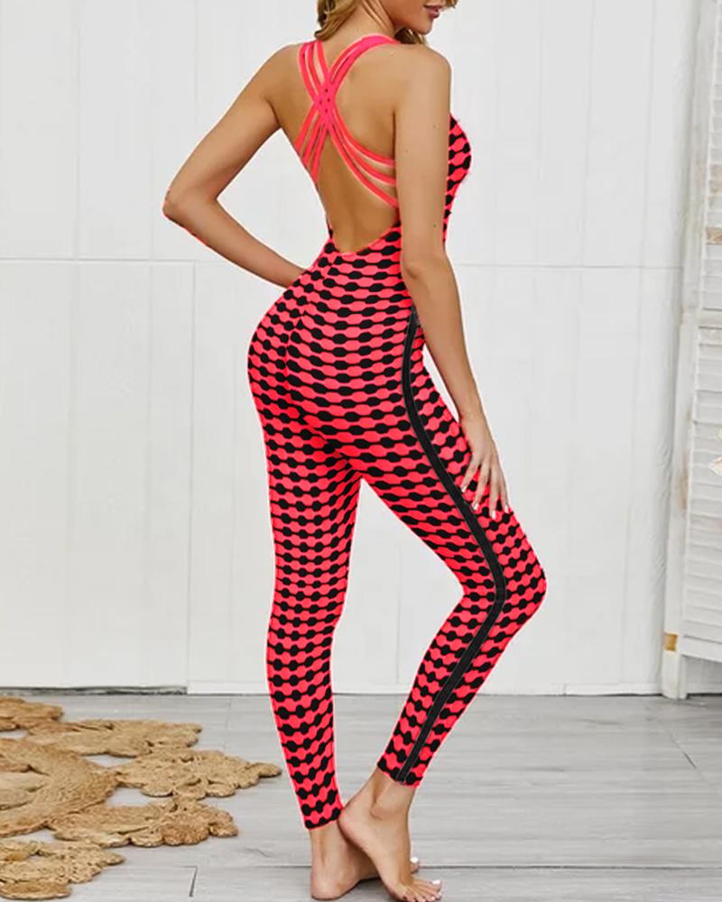 

All Over Print Crisscross Backless Yoga Athletic Fitness Jumpsuit, Hot pink