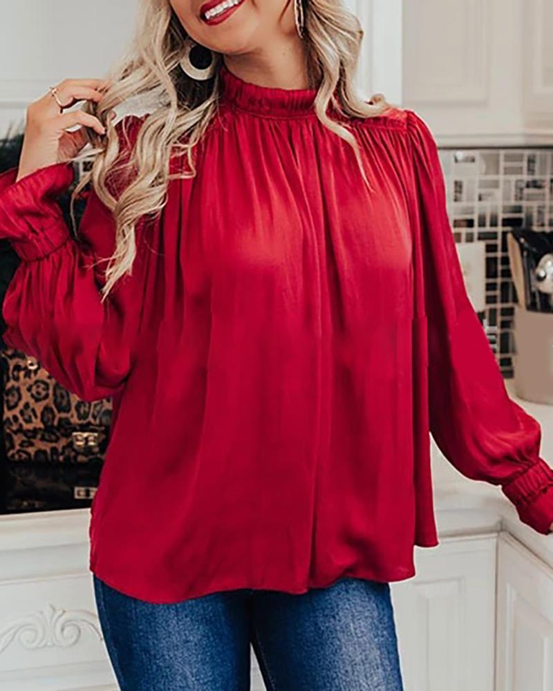 

Plain Long Sleeve Ruched Women Blouse, Red