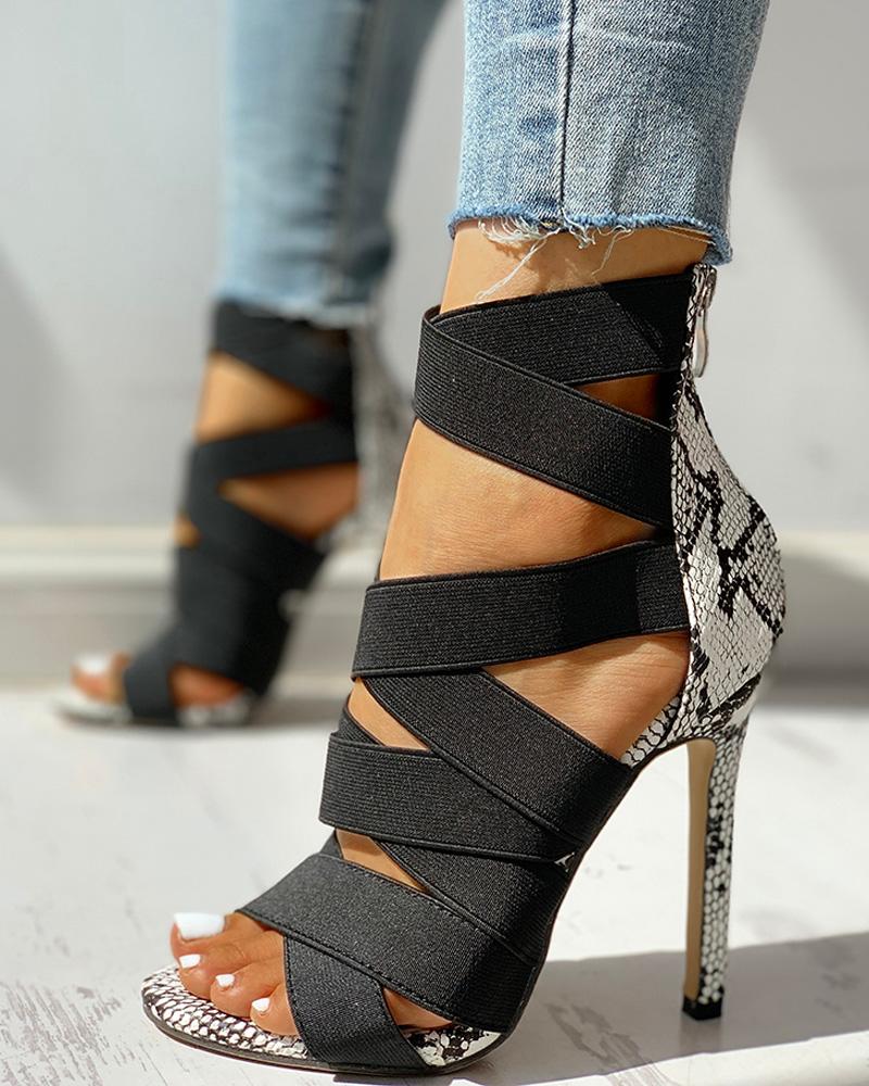 snakeskin high heel sandals