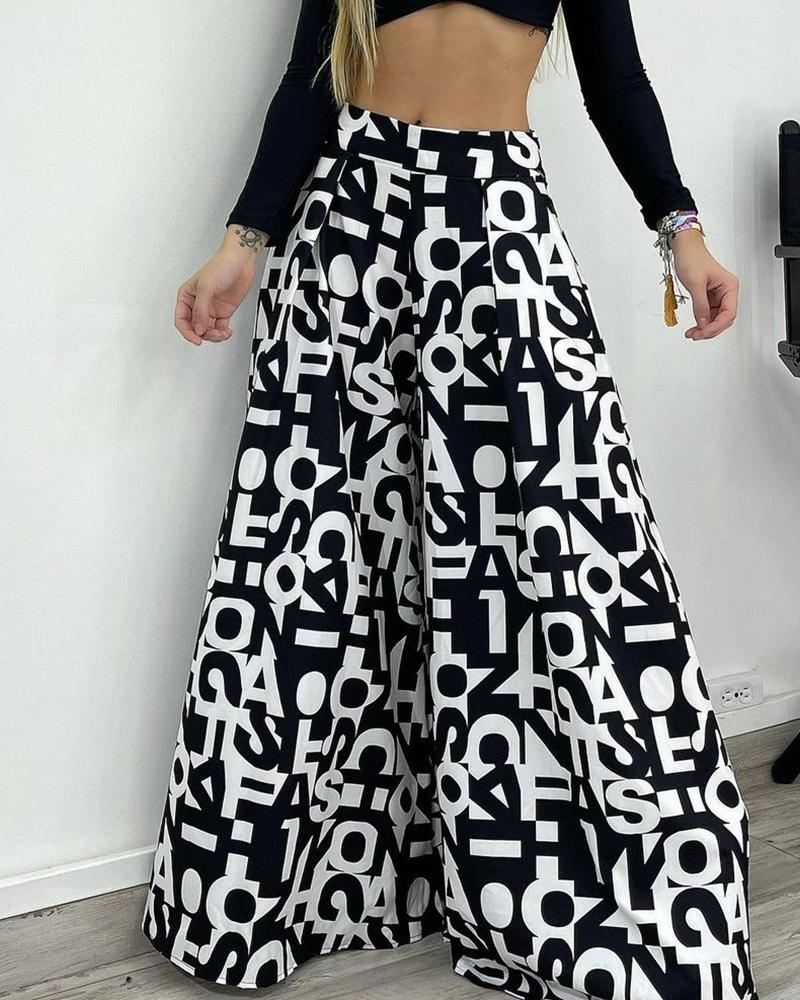 

Letter Print High Waist Wide Leg Pants, Black