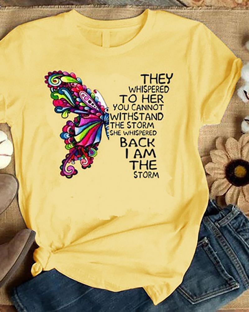 

Butterfly Print Short Sleeve T-Shirt, Yellow
