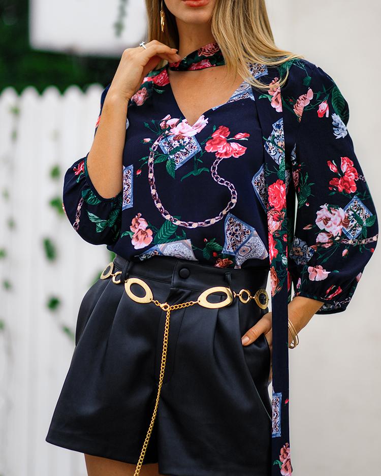 

Floral Print Tied Neck Blouse, Dark blue