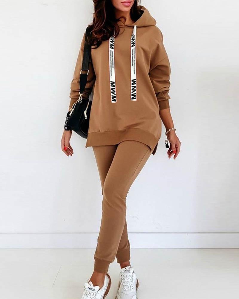 

Letter Tape Hooded Top & Pants Set, Brown