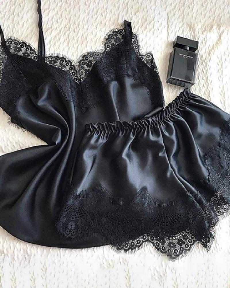 

Spaghetti Strap Lace Trim Satin Cami Set, Black