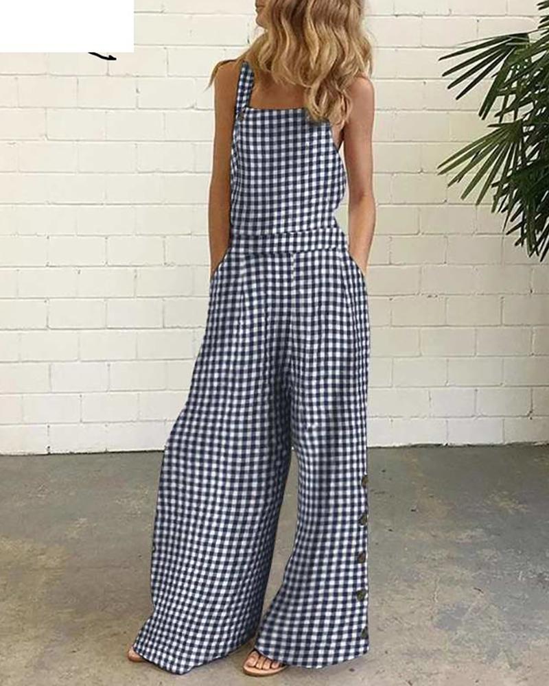 

Plaid Side Button Pocket Design Wide Leg Jumpsuit, Blue