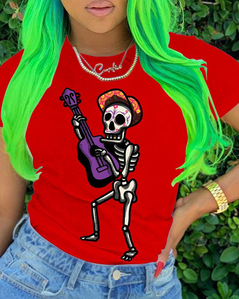 

Skeleton Print Short Sleeve Casual T-shirt, Red