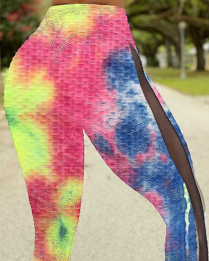 

Tie Dye Print Bubble Textured Ruched High Waist Athletic Fitness Leggings, Red