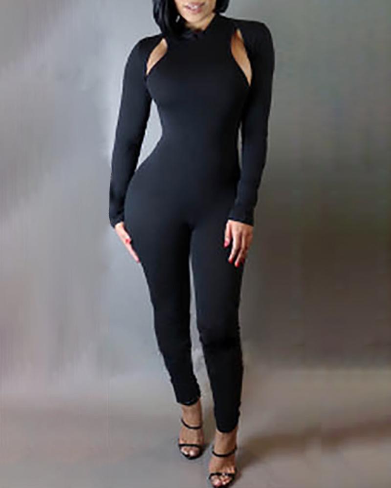 

Solid Long Sleeve Cut Out Design Backless Jumpsuit, Black