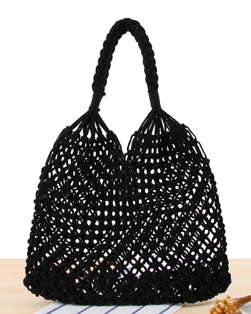

Woven Shoulder Fishing Net Wicker Tote, Black
